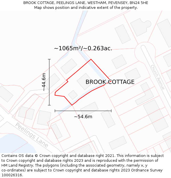BROOK COTTAGE, PEELINGS LANE, WESTHAM, PEVENSEY, BN24 5HE: Plot and title map