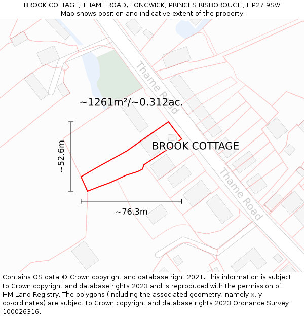 BROOK COTTAGE, THAME ROAD, LONGWICK, PRINCES RISBOROUGH, HP27 9SW: Plot and title map