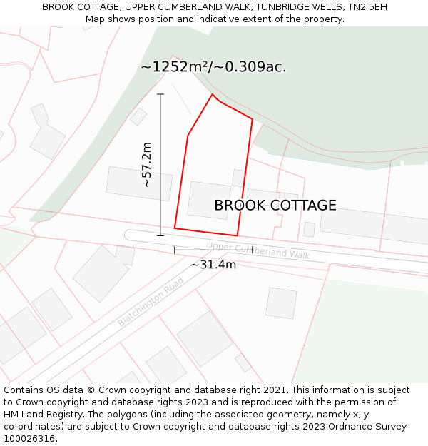 BROOK COTTAGE, UPPER CUMBERLAND WALK, TUNBRIDGE WELLS, TN2 5EH: Plot and title map