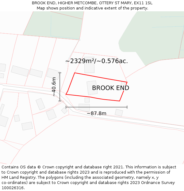 BROOK END, HIGHER METCOMBE, OTTERY ST MARY, EX11 1SL: Plot and title map