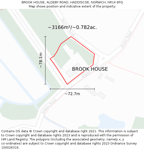 BROOK HOUSE, ALDEBY ROAD, HADDISCOE, NORWICH, NR14 6PQ: Plot and title map