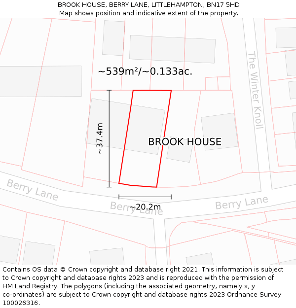 BROOK HOUSE, BERRY LANE, LITTLEHAMPTON, BN17 5HD: Plot and title map