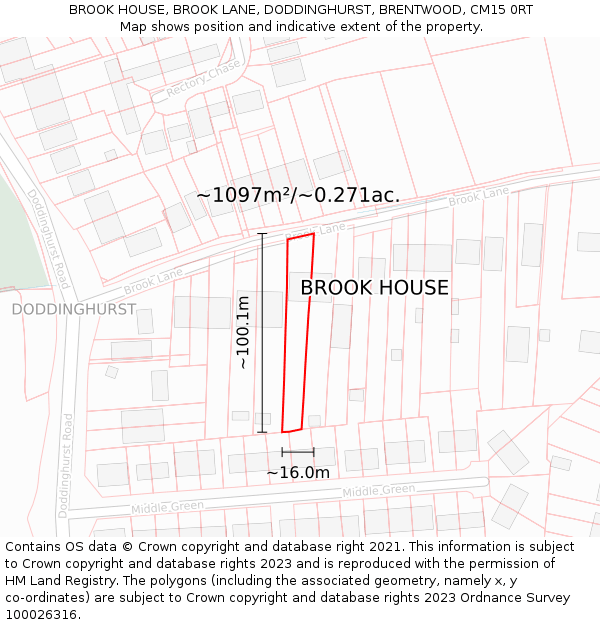 BROOK HOUSE, BROOK LANE, DODDINGHURST, BRENTWOOD, CM15 0RT: Plot and title map