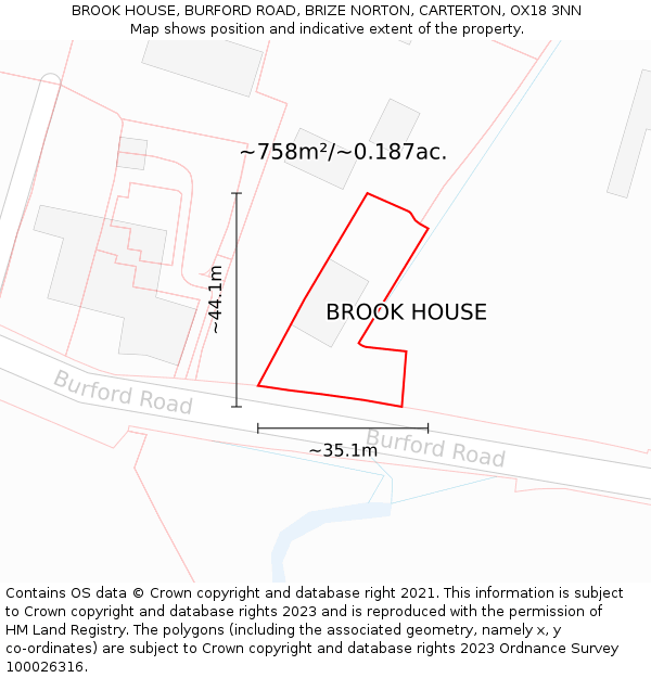 BROOK HOUSE, BURFORD ROAD, BRIZE NORTON, CARTERTON, OX18 3NN: Plot and title map
