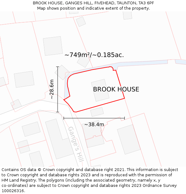 BROOK HOUSE, GANGES HILL, FIVEHEAD, TAUNTON, TA3 6PF: Plot and title map