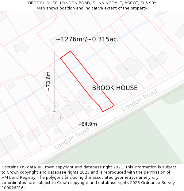 BROOK HOUSE, LONDON ROAD, SUNNINGDALE, ASCOT, SL5 9RY: Plot and title map