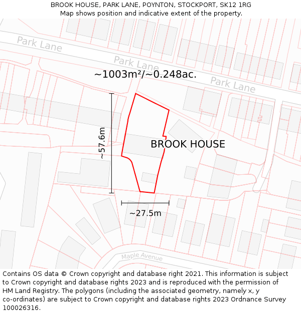 BROOK HOUSE, PARK LANE, POYNTON, STOCKPORT, SK12 1RG: Plot and title map