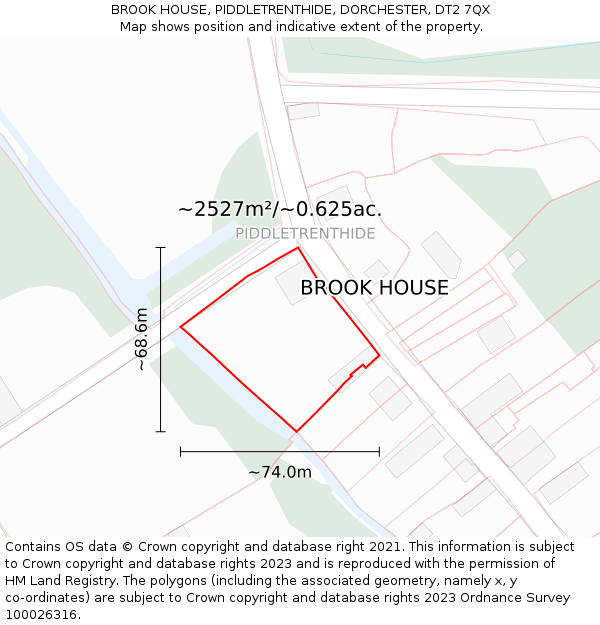 BROOK HOUSE, PIDDLETRENTHIDE, DORCHESTER, DT2 7QX: Plot and title map