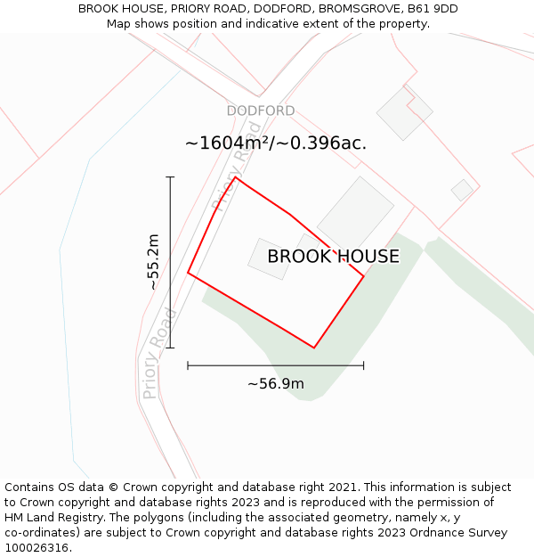 BROOK HOUSE, PRIORY ROAD, DODFORD, BROMSGROVE, B61 9DD: Plot and title map