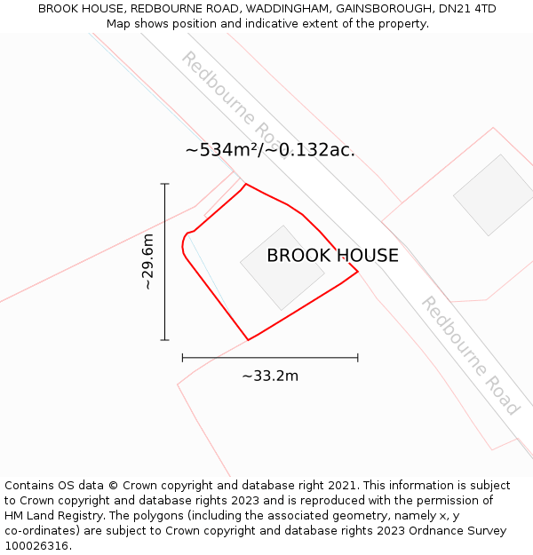 BROOK HOUSE, REDBOURNE ROAD, WADDINGHAM, GAINSBOROUGH, DN21 4TD: Plot and title map