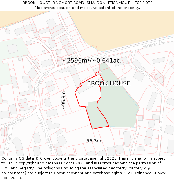 BROOK HOUSE, RINGMORE ROAD, SHALDON, TEIGNMOUTH, TQ14 0EP: Plot and title map