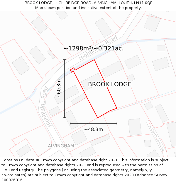 BROOK LODGE, HIGH BRIDGE ROAD, ALVINGHAM, LOUTH, LN11 0QF: Plot and title map