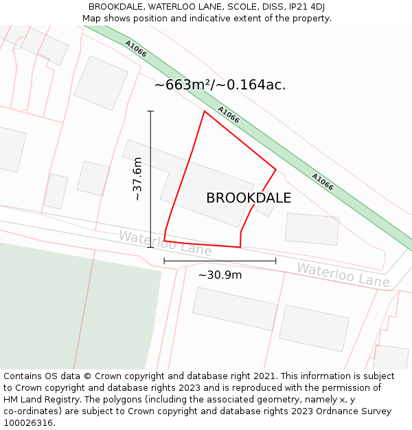 BROOKDALE, WATERLOO LANE, SCOLE, DISS, IP21 4DJ: Plot and title map