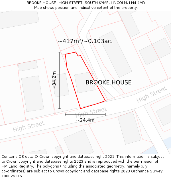 BROOKE HOUSE, HIGH STREET, SOUTH KYME, LINCOLN, LN4 4AD: Plot and title map