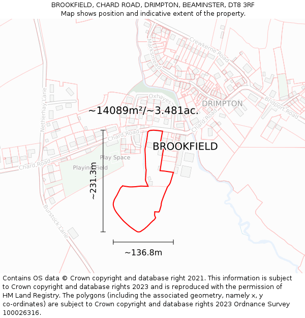 BROOKFIELD, CHARD ROAD, DRIMPTON, BEAMINSTER, DT8 3RF: Plot and title map