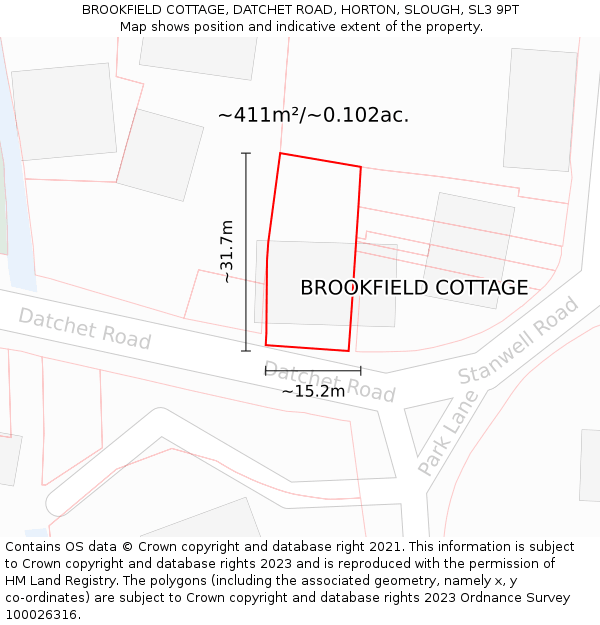 BROOKFIELD COTTAGE, DATCHET ROAD, HORTON, SLOUGH, SL3 9PT: Plot and title map