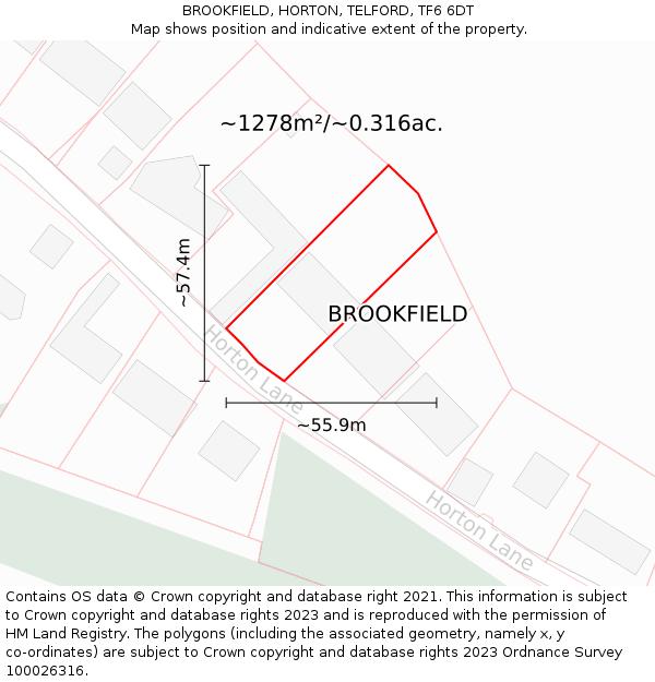 BROOKFIELD, HORTON, TELFORD, TF6 6DT: Plot and title map