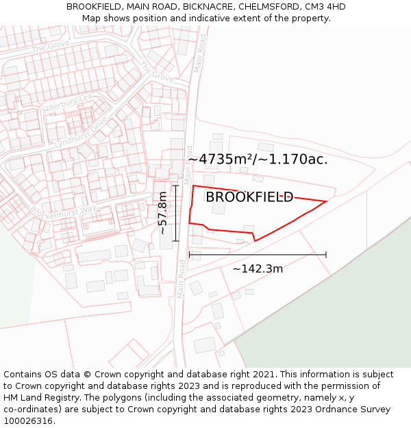 BROOKFIELD, MAIN ROAD, BICKNACRE, CHELMSFORD, CM3 4HD: Plot and title map