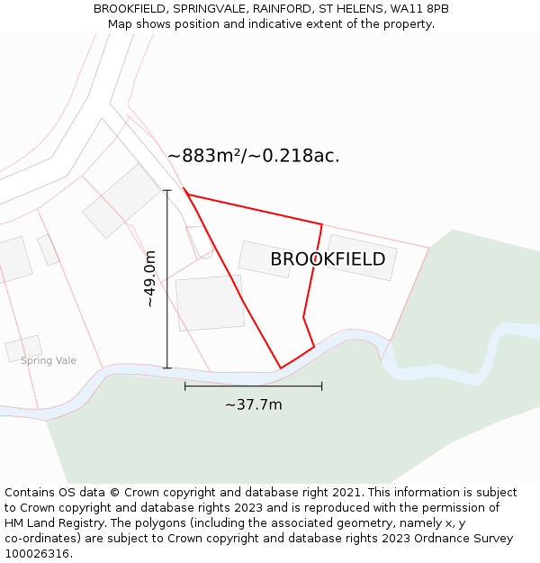 BROOKFIELD, SPRINGVALE, RAINFORD, ST HELENS, WA11 8PB: Plot and title map