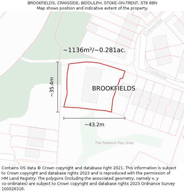 BROOKFIELDS, CRAIGSIDE, BIDDULPH, STOKE-ON-TRENT, ST8 6BN: Plot and title map