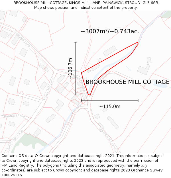 BROOKHOUSE MILL COTTAGE, KINGS MILL LANE, PAINSWICK, STROUD, GL6 6SB: Plot and title map