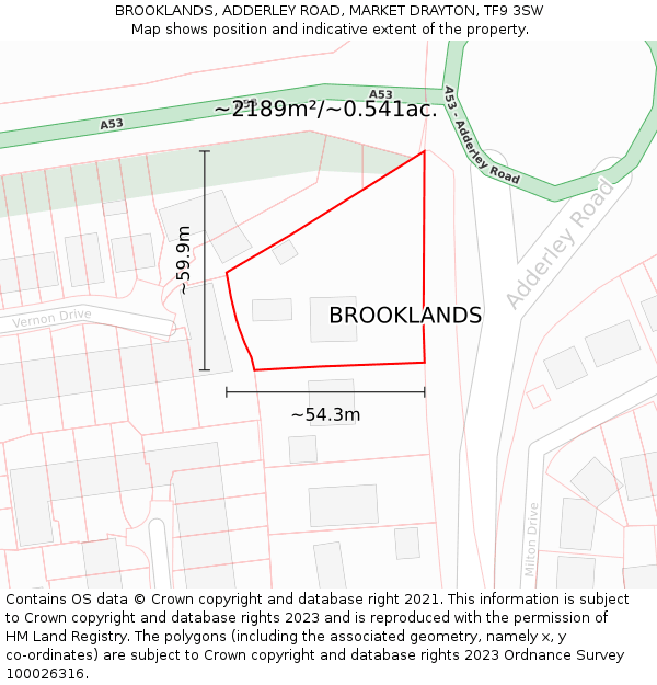 BROOKLANDS, ADDERLEY ROAD, MARKET DRAYTON, TF9 3SW: Plot and title map