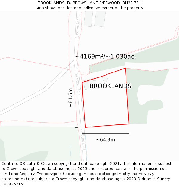 BROOKLANDS, BURROWS LANE, VERWOOD, BH31 7PH: Plot and title map