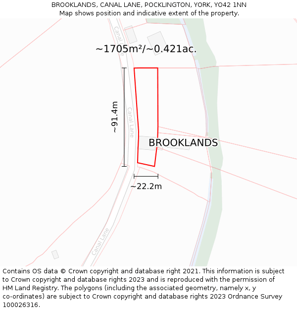 BROOKLANDS, CANAL LANE, POCKLINGTON, YORK, YO42 1NN: Plot and title map