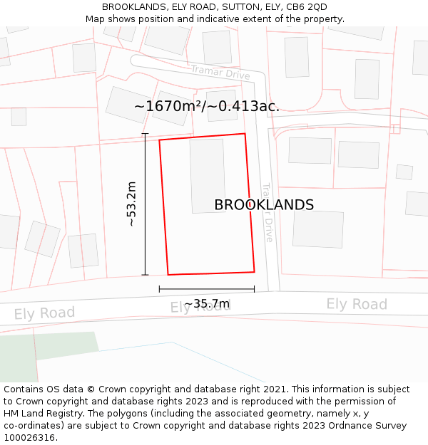 BROOKLANDS, ELY ROAD, SUTTON, ELY, CB6 2QD: Plot and title map