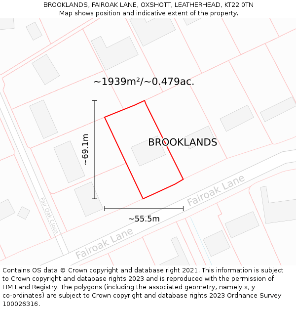 BROOKLANDS, FAIROAK LANE, OXSHOTT, LEATHERHEAD, KT22 0TN: Plot and title map