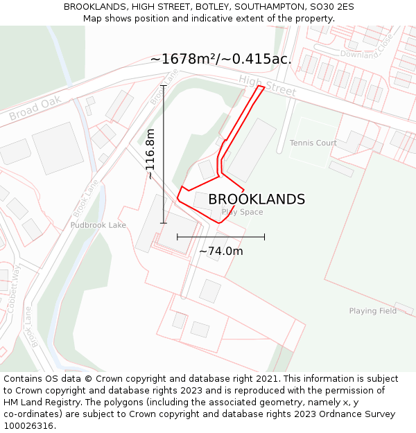 BROOKLANDS, HIGH STREET, BOTLEY, SOUTHAMPTON, SO30 2ES: Plot and title map