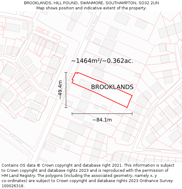 BROOKLANDS, HILL POUND, SWANMORE, SOUTHAMPTON, SO32 2UN: Plot and title map