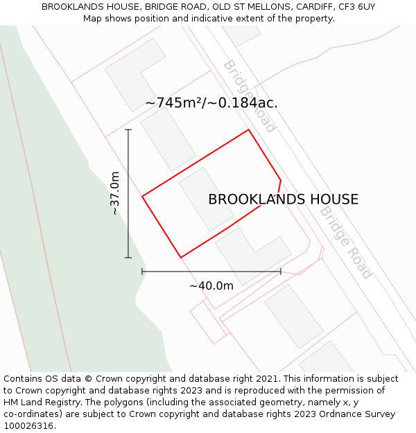 BROOKLANDS HOUSE, BRIDGE ROAD, OLD ST MELLONS, CARDIFF, CF3 6UY: Plot and title map