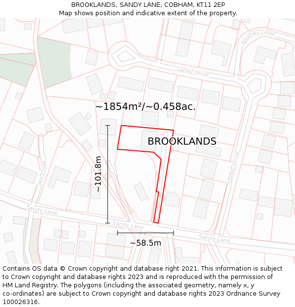 BROOKLANDS, SANDY LANE, COBHAM, KT11 2EP: Plot and title map