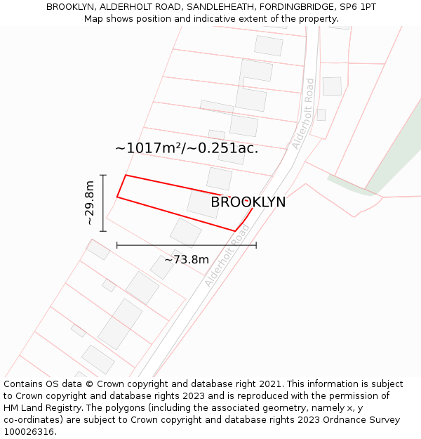 BROOKLYN, ALDERHOLT ROAD, SANDLEHEATH, FORDINGBRIDGE, SP6 1PT: Plot and title map