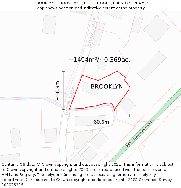 BROOKLYN, BROOK LANE, LITTLE HOOLE, PRESTON, PR4 5JB: Plot and title map