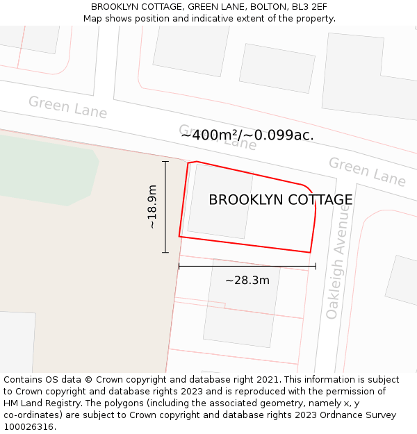 BROOKLYN COTTAGE, GREEN LANE, BOLTON, BL3 2EF: Plot and title map