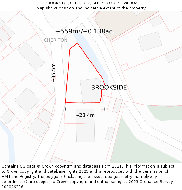 BROOKSIDE, CHERITON, ALRESFORD, SO24 0QA: Plot and title map