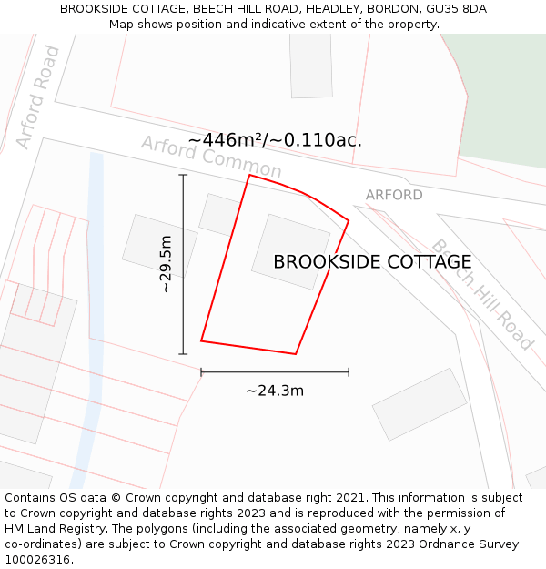 BROOKSIDE COTTAGE, BEECH HILL ROAD, HEADLEY, BORDON, GU35 8DA: Plot and title map