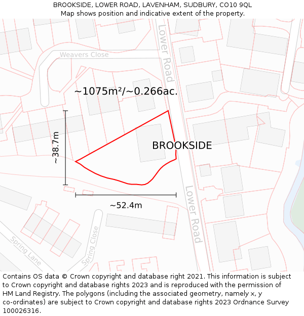 BROOKSIDE, LOWER ROAD, LAVENHAM, SUDBURY, CO10 9QL: Plot and title map