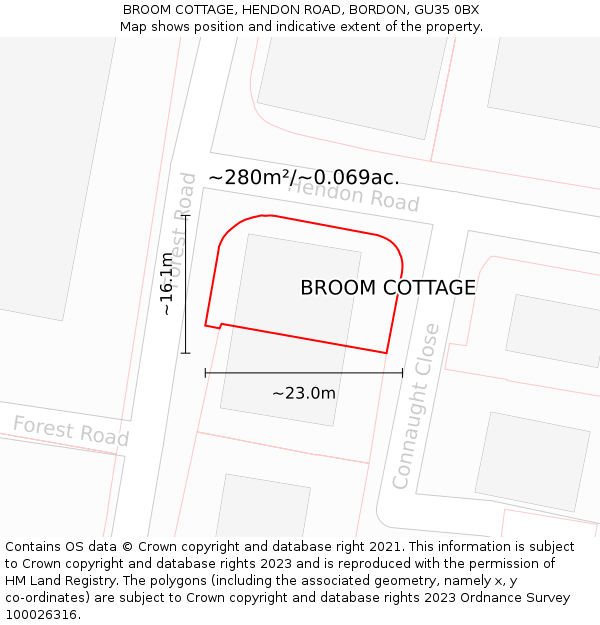 BROOM COTTAGE, HENDON ROAD, BORDON, GU35 0BX: Plot and title map