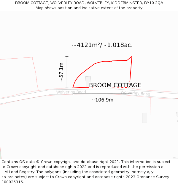 BROOM COTTAGE, WOLVERLEY ROAD, WOLVERLEY, KIDDERMINSTER, DY10 3QA: Plot and title map