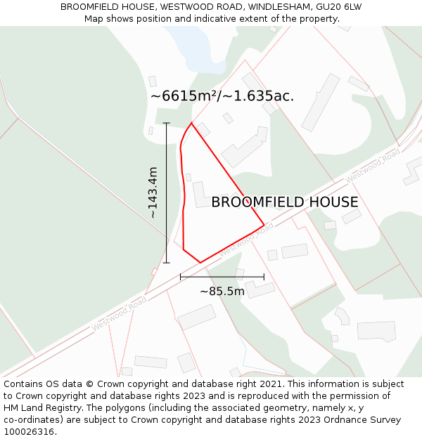 BROOMFIELD HOUSE, WESTWOOD ROAD, WINDLESHAM, GU20 6LW: Plot and title map