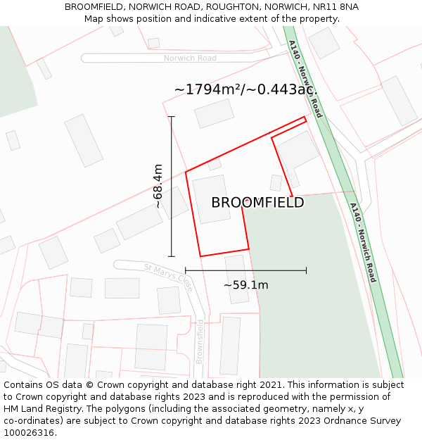 BROOMFIELD, NORWICH ROAD, ROUGHTON, NORWICH, NR11 8NA: Plot and title map