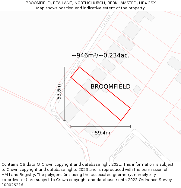 BROOMFIELD, PEA LANE, NORTHCHURCH, BERKHAMSTED, HP4 3SX: Plot and title map