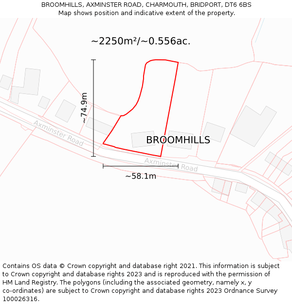 BROOMHILLS, AXMINSTER ROAD, CHARMOUTH, BRIDPORT, DT6 6BS: Plot and title map