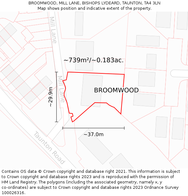 BROOMWOOD, MILL LANE, BISHOPS LYDEARD, TAUNTON, TA4 3LN: Plot and title map