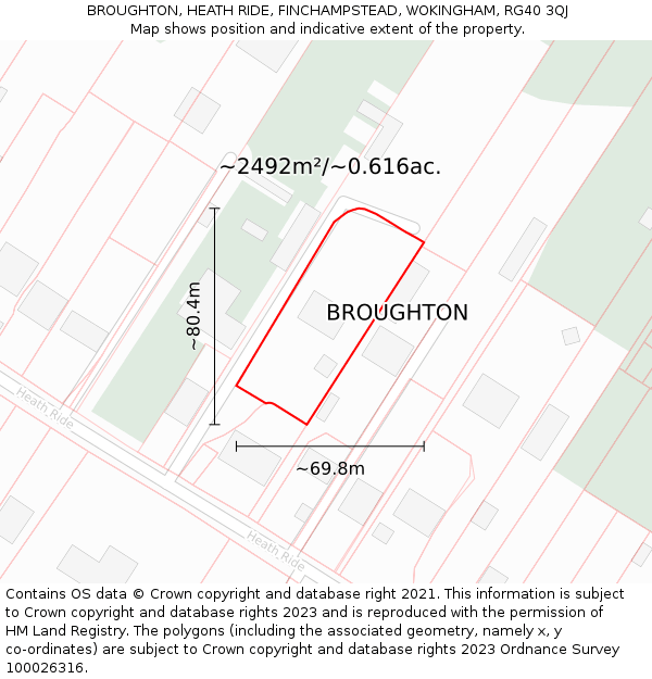 BROUGHTON, HEATH RIDE, FINCHAMPSTEAD, WOKINGHAM, RG40 3QJ: Plot and title map