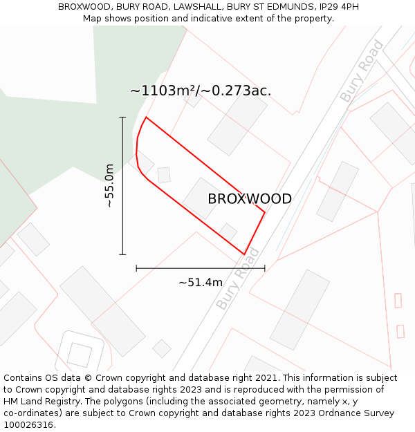 BROXWOOD, BURY ROAD, LAWSHALL, BURY ST EDMUNDS, IP29 4PH: Plot and title map
