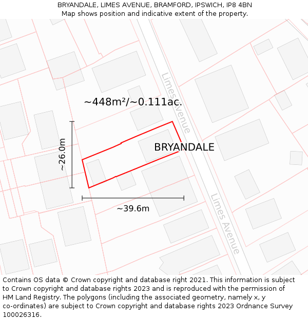BRYANDALE, LIMES AVENUE, BRAMFORD, IPSWICH, IP8 4BN: Plot and title map